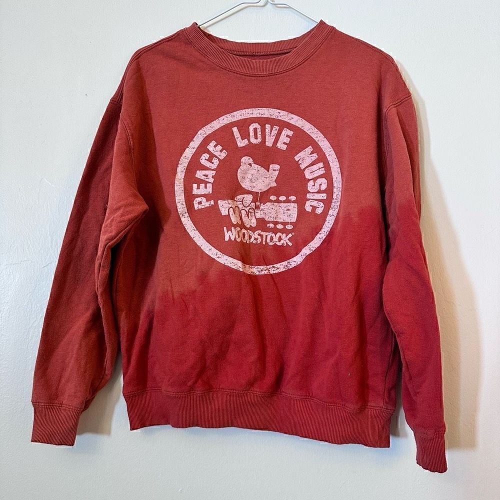 Woodstock Women's Peace Love Music Fleece Red Orange Dip Tie Dye Hombre Pullover
